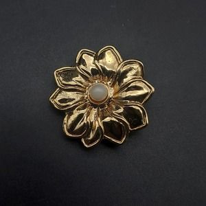 Gold Tone Flower Brooch Pendant Faux Pearl Center Vintage Costume Jewelry NOS